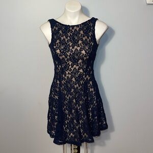 Speechless Juniors Lace Skater Dress. Size 1. Navy blue lace with nude lining